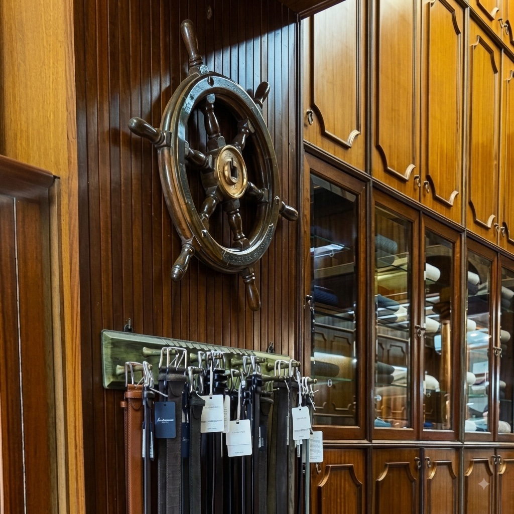 Il timone e le cinture nella boutique, sulla boiserie in mogano
